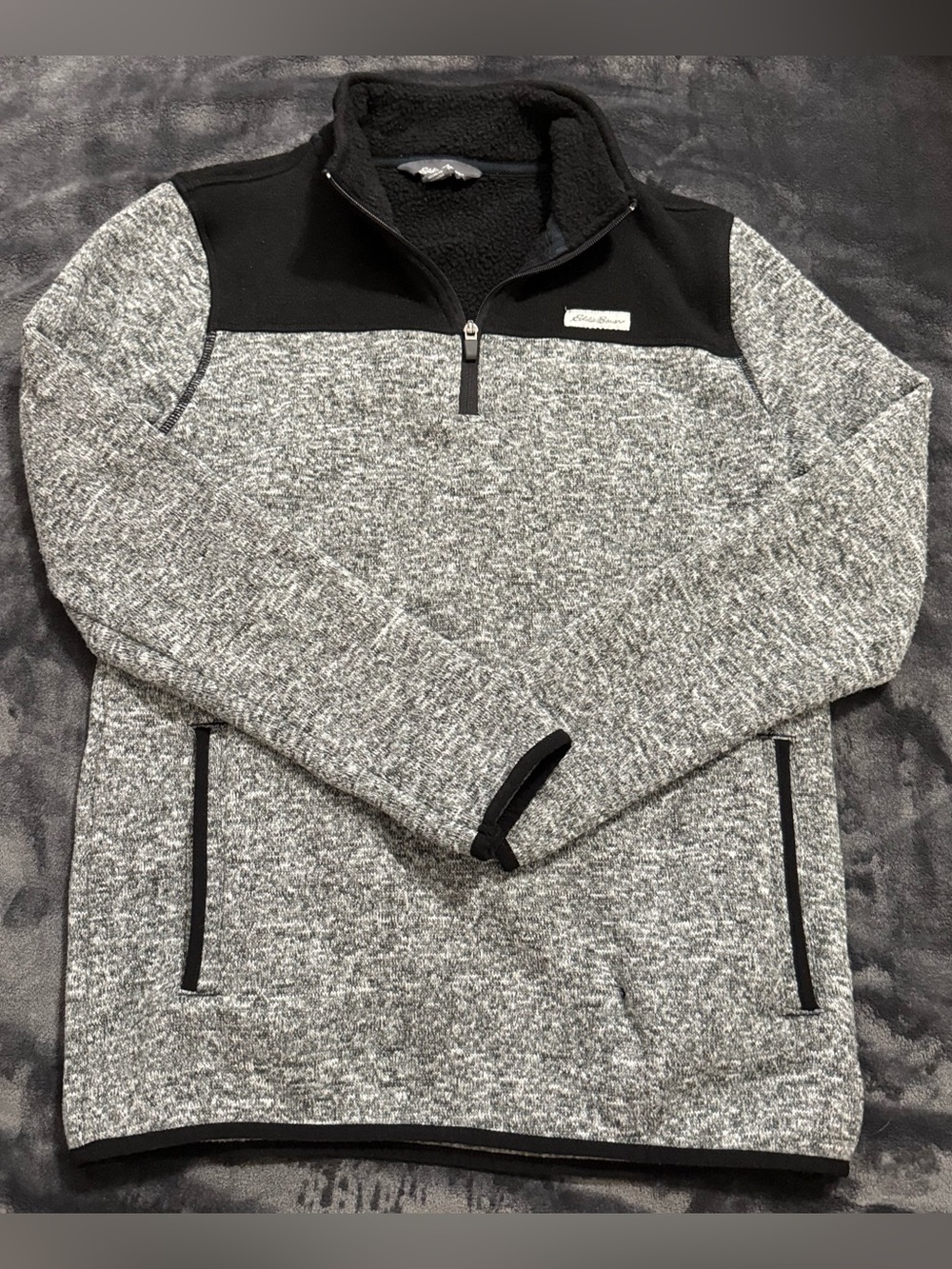 Eddie Bauer Men’s Gray and Black Quarter-Zip Knit Sweater